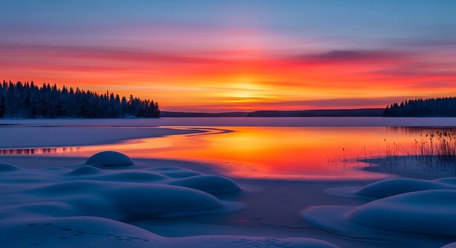 Serene Frozen Lake Reflecting Colorful Sunset in Snowy Forest Landscape