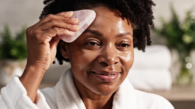 A smiling woman in a bathrobe wiping her face with a cleansing pad in a bathroom.