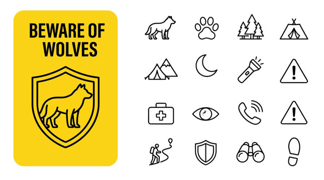 Warning Sign Design for Wild Animal Encounters and Outdoor Safety Awareness Featuring Line Art Wilderness Navigation Icons