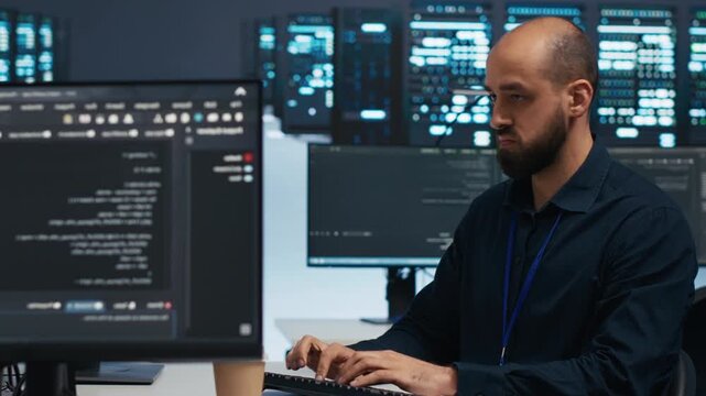 Technician uses a PC in a high tech server hub to protect blade servers from unauthorized access, hackers and malicious traffic during cybersecurity work.