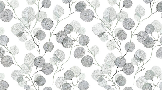 Seamless pattern with hand drawn eucalyptus branches and round leaves in monochrome sketch style for textile design