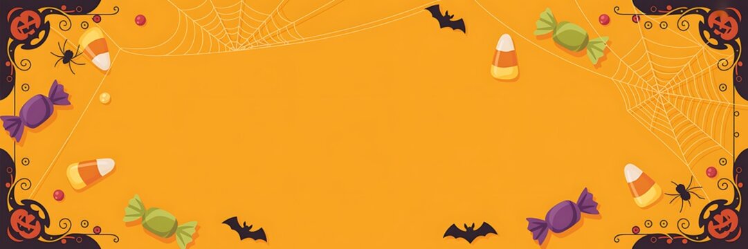 Halloween themed border with candies and spooky decorations on orange background
