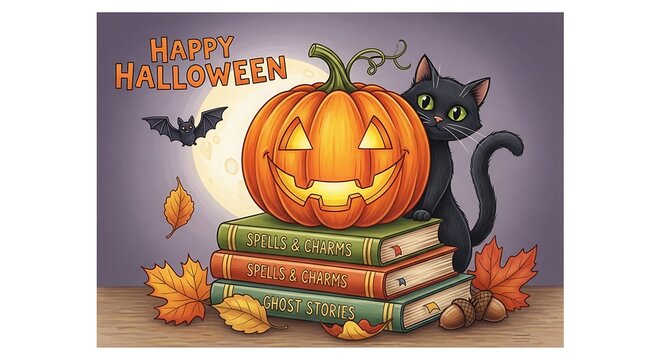 Cute Black Cat Sitting Beside Glowing Jack O Lantern on Halloween Book Stack