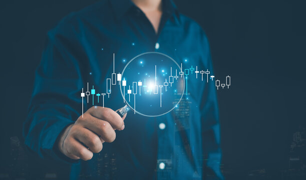 Business analyst examining candlestick charts through magnifying glass, symbolizing stock market analysis, trading strategy, investment research, financial trends, risk assessment.