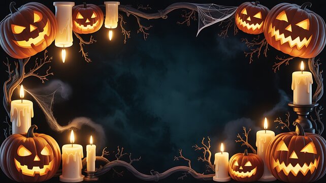 Spooky Halloween jack o lanterns and candles on dark background with cobwebs frame border