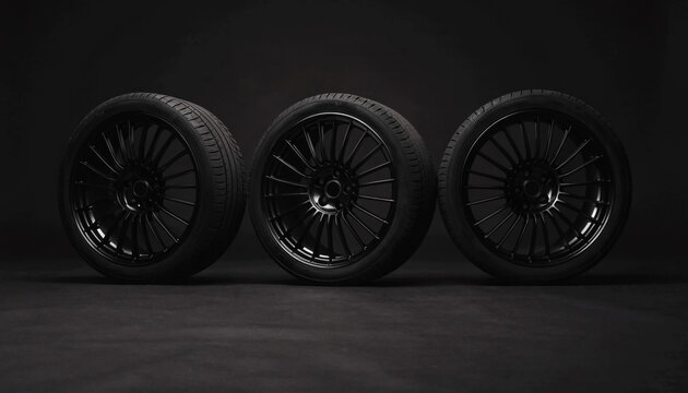 Three black car wheels arranged in a row against a dark studio background
