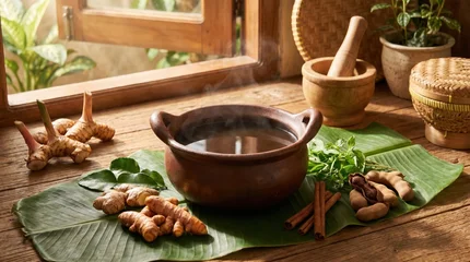 Traditional Indonesian clay pot of herbal jamu with fresh ginger, turmeric, galangal, and spices on a banana leaf © Marcelino Victor M