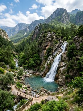 Scenic Mountain Waterfall Cascading Into Turquoise Pool in Lush Forest Valley