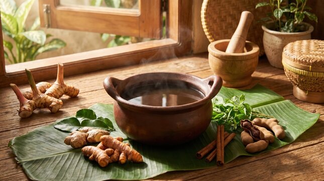 Traditional Indonesian clay pot of herbal jamu with fresh ginger, turmeric, galangal, and spices on a banana leaf