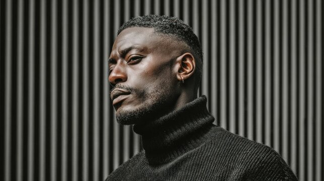 Man in a black turtle neck sweater looking off to the side portrait