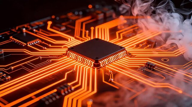 Circuit board with glowing orange lines