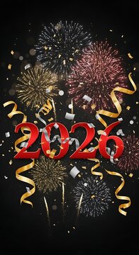 Bright 2026 New Year Numbers Celebrated with Firework and Confetti on Black Background