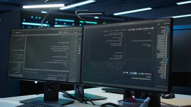 Administrator monitors cybersecurity risks in a data center with a computer monitor, supporting network security, data protection and regulatory compliance during secure technical operations