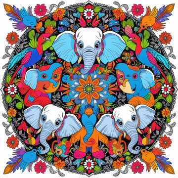 Colorful mandala pattern with cute baby elephants and floral details isolated on white background