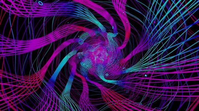 Hypnotic seamless loop of a futuristic geometric tunnel. Abstract digital vortex made of twisting chaos lines, particle strings and quantum data waves, creating deep science and physics background