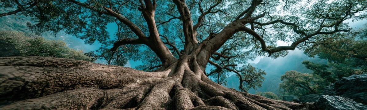 Large tree that is growing over a rock