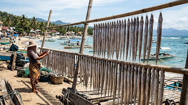Local Fisherman Drying Fresh Fish on Bamboo Rack at Tropical Coastal Village