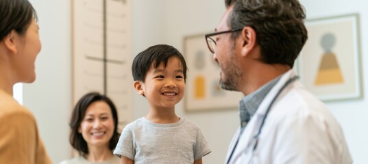 Fototapeta premium Pediatrician interacts with smiling child and parents in clinic setting