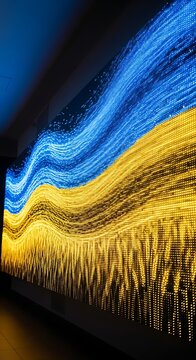Glowing Blue and Yellow Digital Light Waves Flowing on Dark Installation Wall