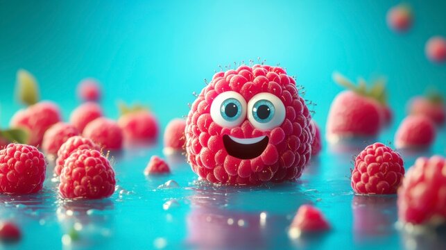 Happy cartoon raspberry surrounded by other raspberries on a blue background.