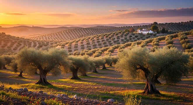 Golden Olive Grove Spreading Across Rolling Hills at Sunset