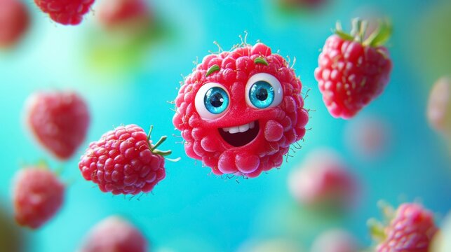 Happy cartoon raspberry with other raspberries falling on a blue background.