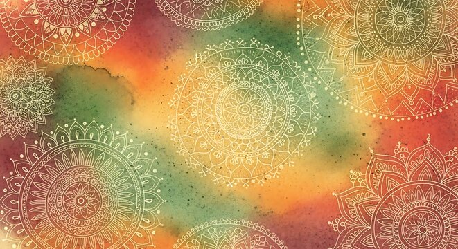 Colorful Mandala Pattern Arranged on Watercolor Abstract Background