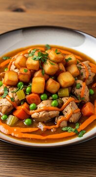 Savory Chicken Stew Topped with Crispy Potatoes in Rustic Bowl on Wooden Table