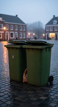 Green Trash Bins Standing on Wet Cobblestone Street in Foggy Residential Square