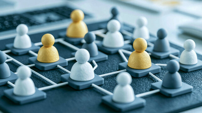 Networked Figurines: A close-up shot of interconnected figurines, symbolizing a network or a team, arranged in a grid pattern, highlighting connectivity and structure.
