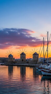 Traditional Windmills Standing Beside Sailboats at Colorful Harbor Sunset