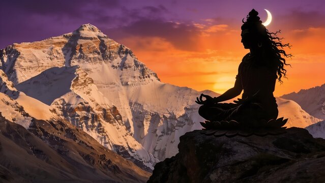 Silhouette of Lord Shiva meditating in lotus pose on mountain peak with Mount Kailash background, epic dramatic sunset sky, spiritual hinduism event banner design layout template