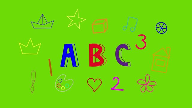 School alphabet animation green and black screen background, educational doodle graphic, learning symbols motion design