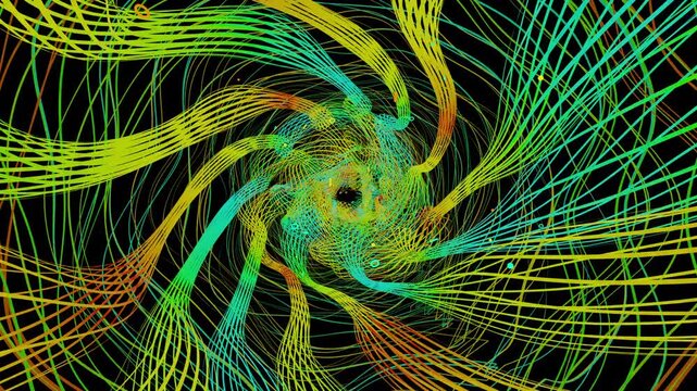 Hypnotic seamless loop of a futuristic geometric tunnel. Abstract digital vortex made of twisting chaos lines, particle strings and quantum data waves, creating deep science and physics background