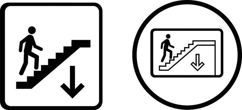 A person descends stairs downward in two different signs.