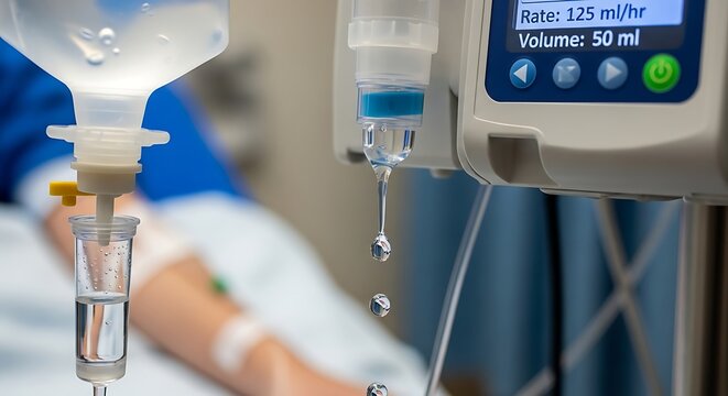 Close Up Intravenous Infusion Pump Dripping Fluid in Hospital Patient Room