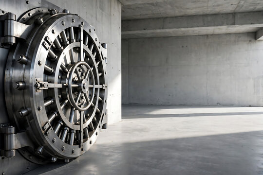 Massive Circular Steel Vault Door with Intricate Locking Mechanism in Concrete Chamber