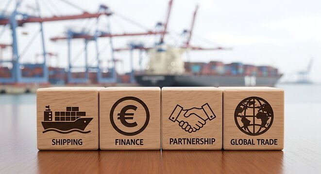 Wooden Business Cubes Showing Shipping Finance Partnership and Global Trade at Cargo Port