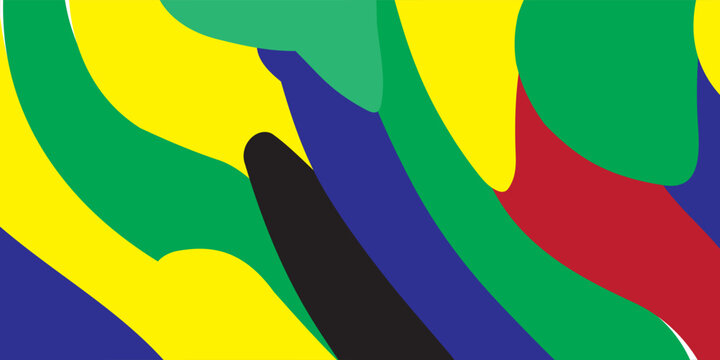 Abstract colorful background with organic wavy shapes. Vibrant vector pattern featuring green, yellow, blue, red, and black fluid design elements.