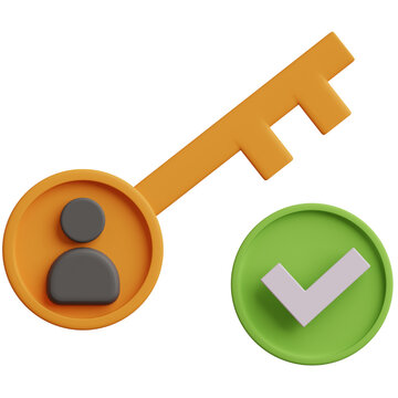 3D User Authentication and Security Concept with Golden Key and Green Checkmark Icon for Identity Verification