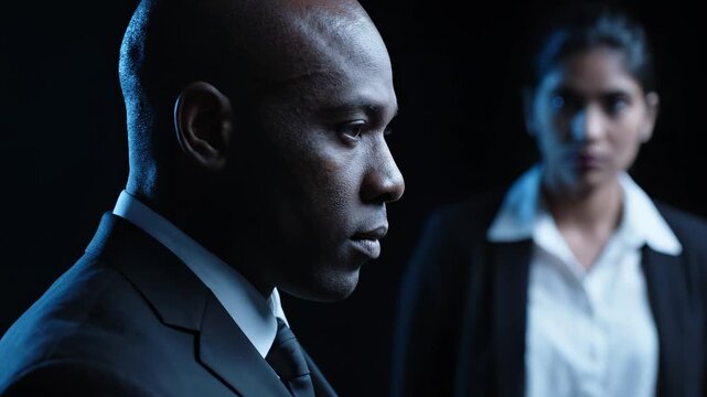 Serious African American businessman in suit contemplating while Indian female colleague observes in dark studio setting