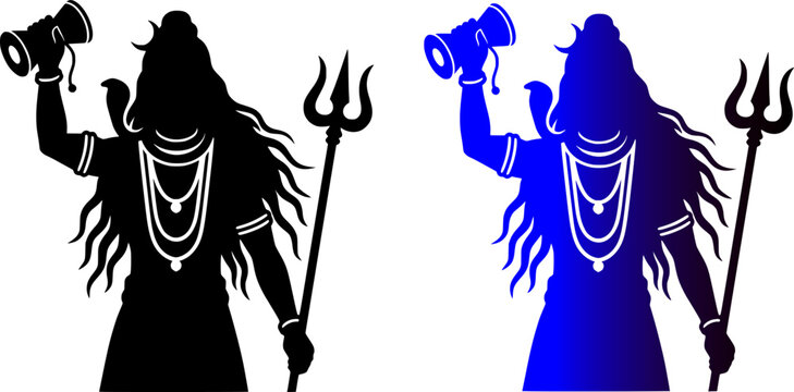 Lord Shiva upper body standing silhouette vector bundle holding a damru drum and trishul trident in solid black and vibrant blue gradient designs isolated on white background.