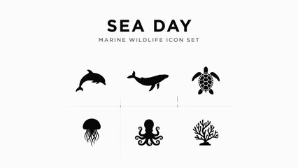 Minimalist black and white marine wildlife icon collection featuring dolphins whales sea turtles jellyfish octopus with coral against clean white background bold black outlines © Shovon