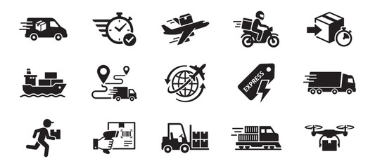 Fast shipping icon set. Cargo airplane, speed delivery truck, maritime freight ship, drone package distribution, global logistics plane, motorbike courier and barcode scanner. Vector illustration. © Roberto_Caravelli