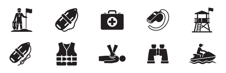 Beach lifeguard icon set. Rescue worker with flag, life buoy torpedo, safety vest, whistle, binoculars, first aid kit, cpr medical help, jet ski transport and watchtower. Vector illustration. © Roberto_Caravelli