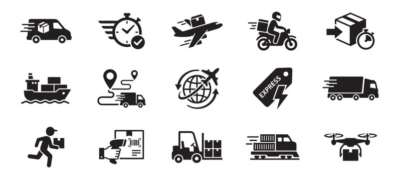 Fast shipping icon set. Cargo airplane, speed delivery truck, maritime freight ship, drone package distribution, global logistics plane, motorbike courier and barcode scanner. Vector illustration.