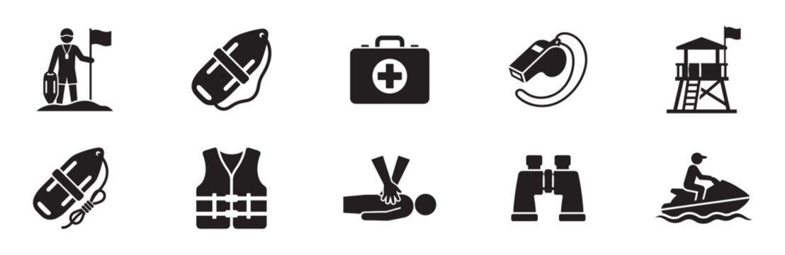 Beach lifeguard icon set. Rescue worker with flag, life buoy torpedo, safety vest, whistle, binoculars, first aid kit, cpr medical help, jet ski transport and watchtower. Vector illustration.
