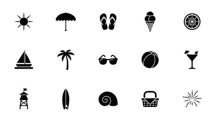 Fototapeta premium Vacation themed minimalist icon set featuring summer essentials and relaxation symbols in flat design style with arranged neatly light background bold
