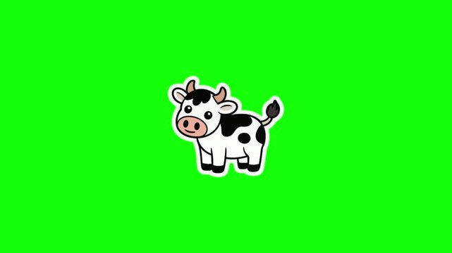 Animated cartoon cow standing on a vibrant green screen background in a simple flat vector style