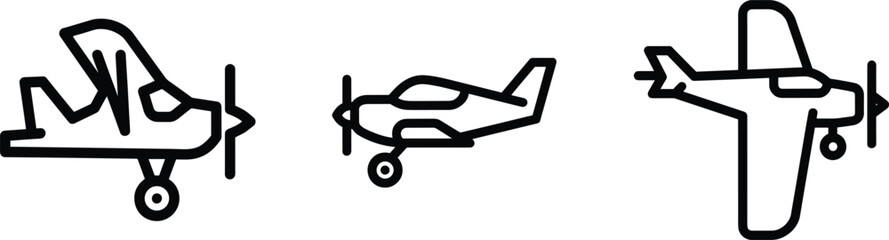 Airplane Line Icon Set with Biplane, Small Aircraft and Jet, Minimal Outline Vector Icons for Aviation and Travel Design © Parvin